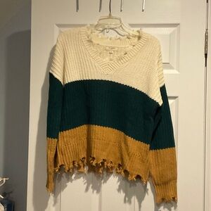 Colorblock V-Neck Sweater - Cream, Green, and Tan